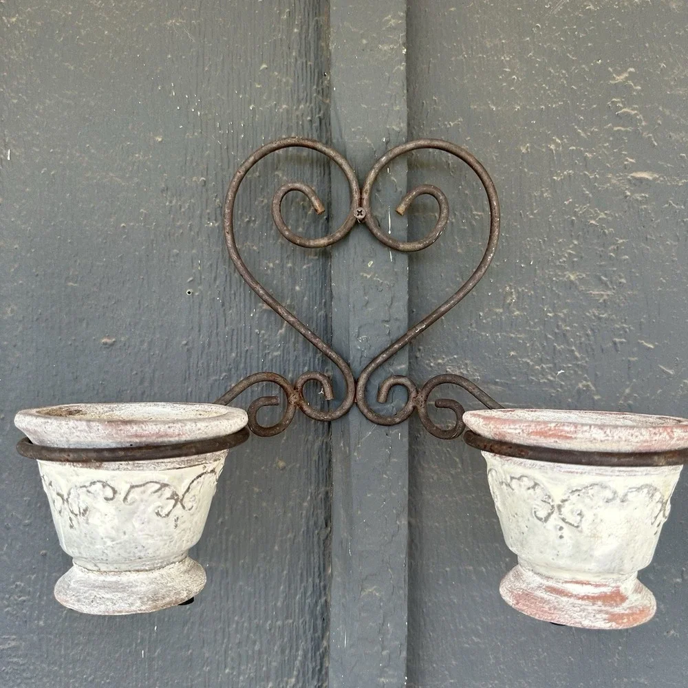 Vintage Iron Double Plant Wall Holder Flower Pot Planter Rustic Heart Scroll